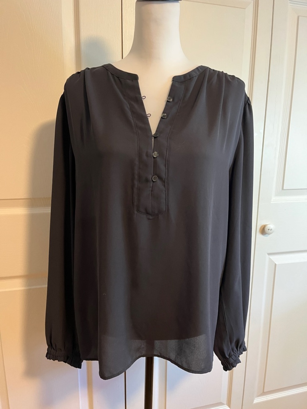 LOFT Black Long-Sleeve Button Henley Blouse, XL